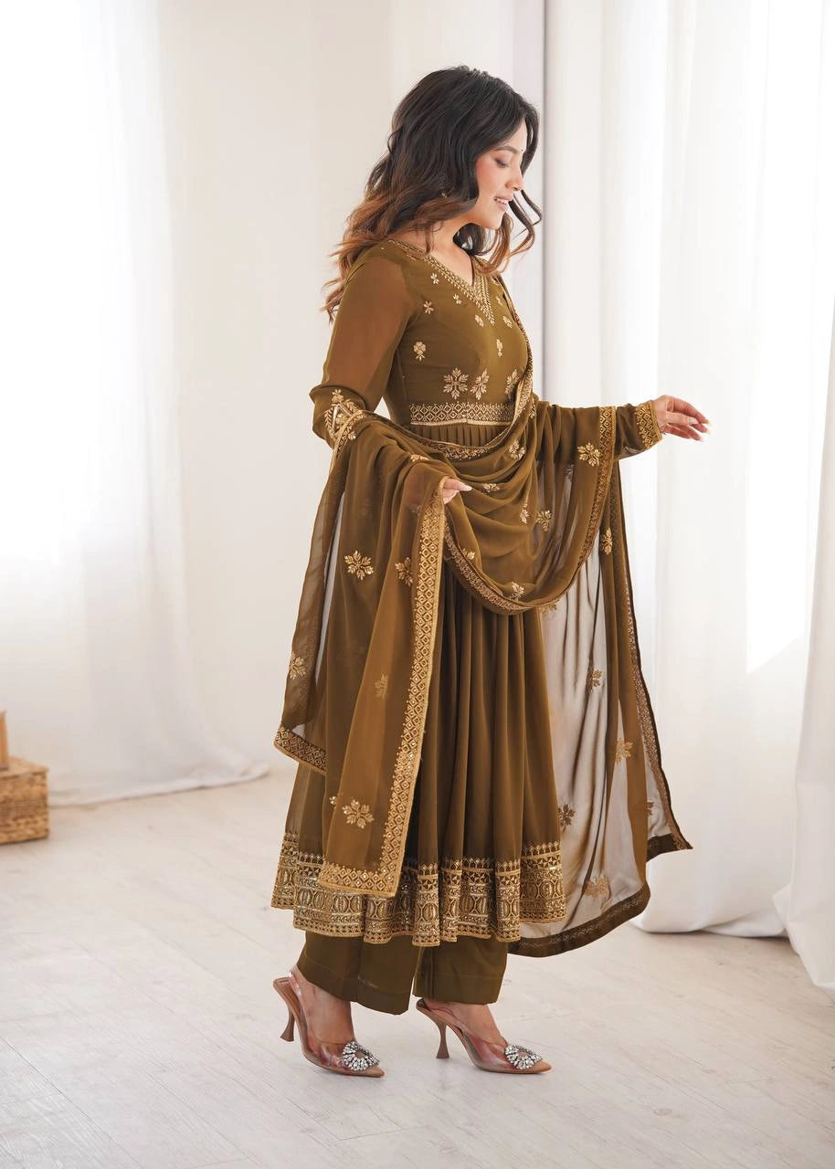 Olive Brown Sequins Embroidered Suit – Anarkali Pant Set with Dupatta Kalyanja